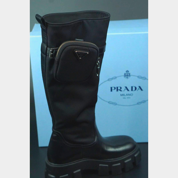 Prada Monolith Nylon Zip Bag Lug Combat Boot SZ 38 Logo Pocket Riding Platform - Picture 1 of 12